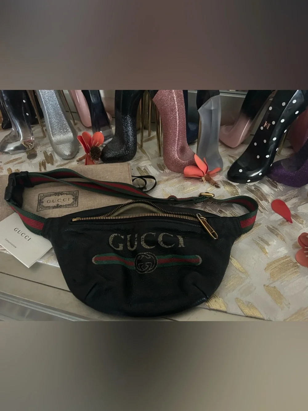 Gucci Black Leather Belt Bag with Green-Red Web Strap! Final price. No offers. - Picture 1 of 16